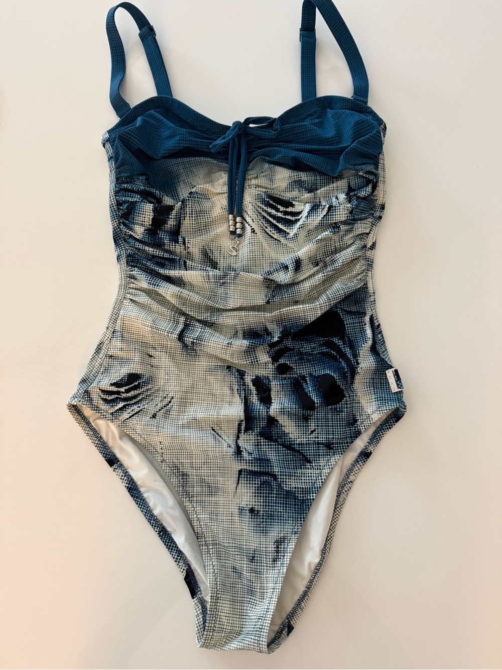 Shan Women’s Blue Patterned Swim Bodysuit with Front Tie Accent